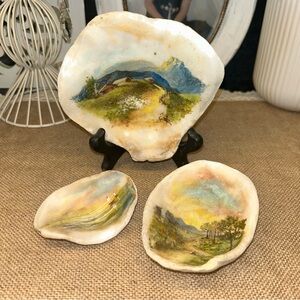 Set of 3 Vintage Hand-Painted Landscape & Seascape Oyster Shells